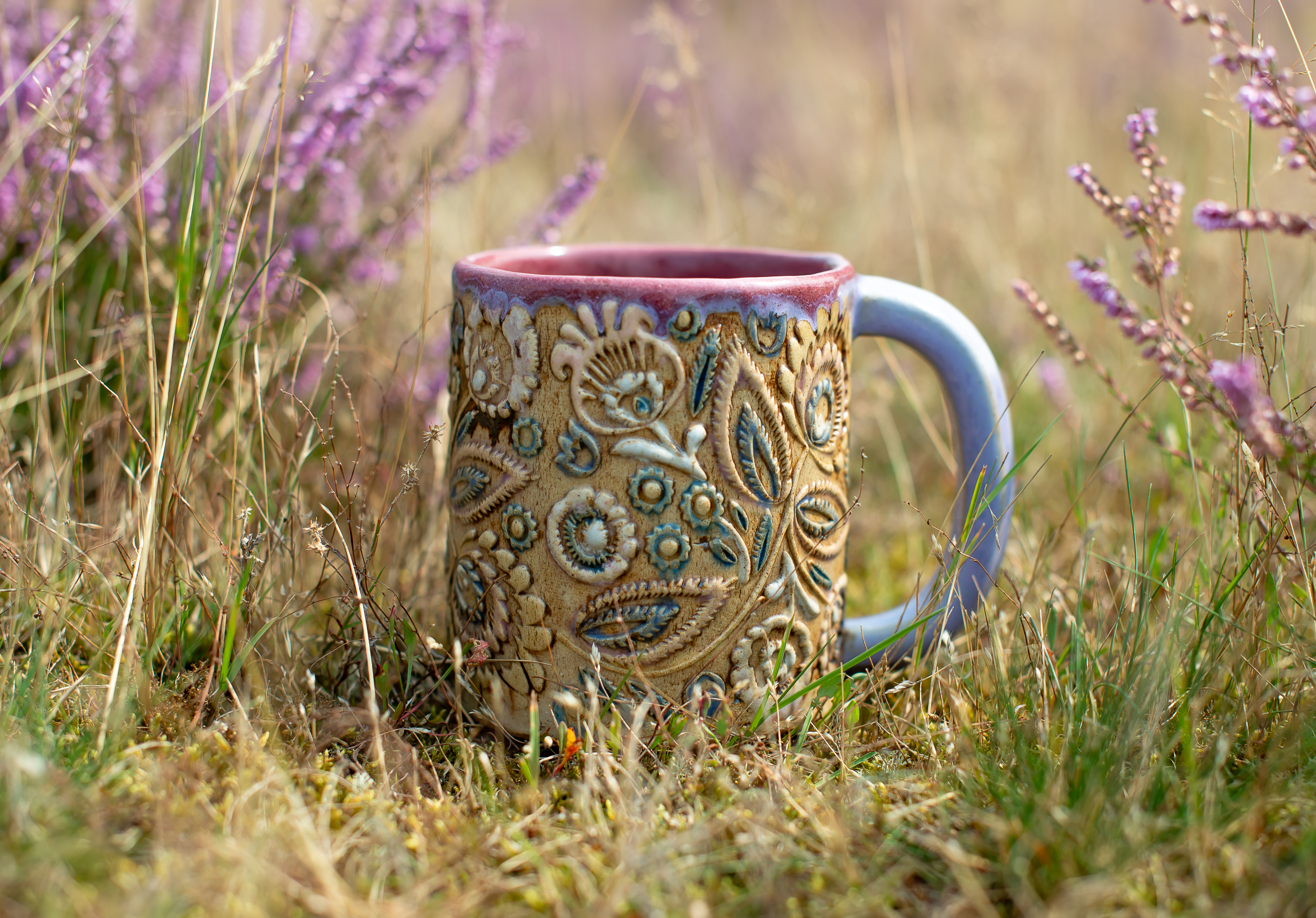 Lace Panel Mugs – Moss & Lilac (Pair) ceramic piece
