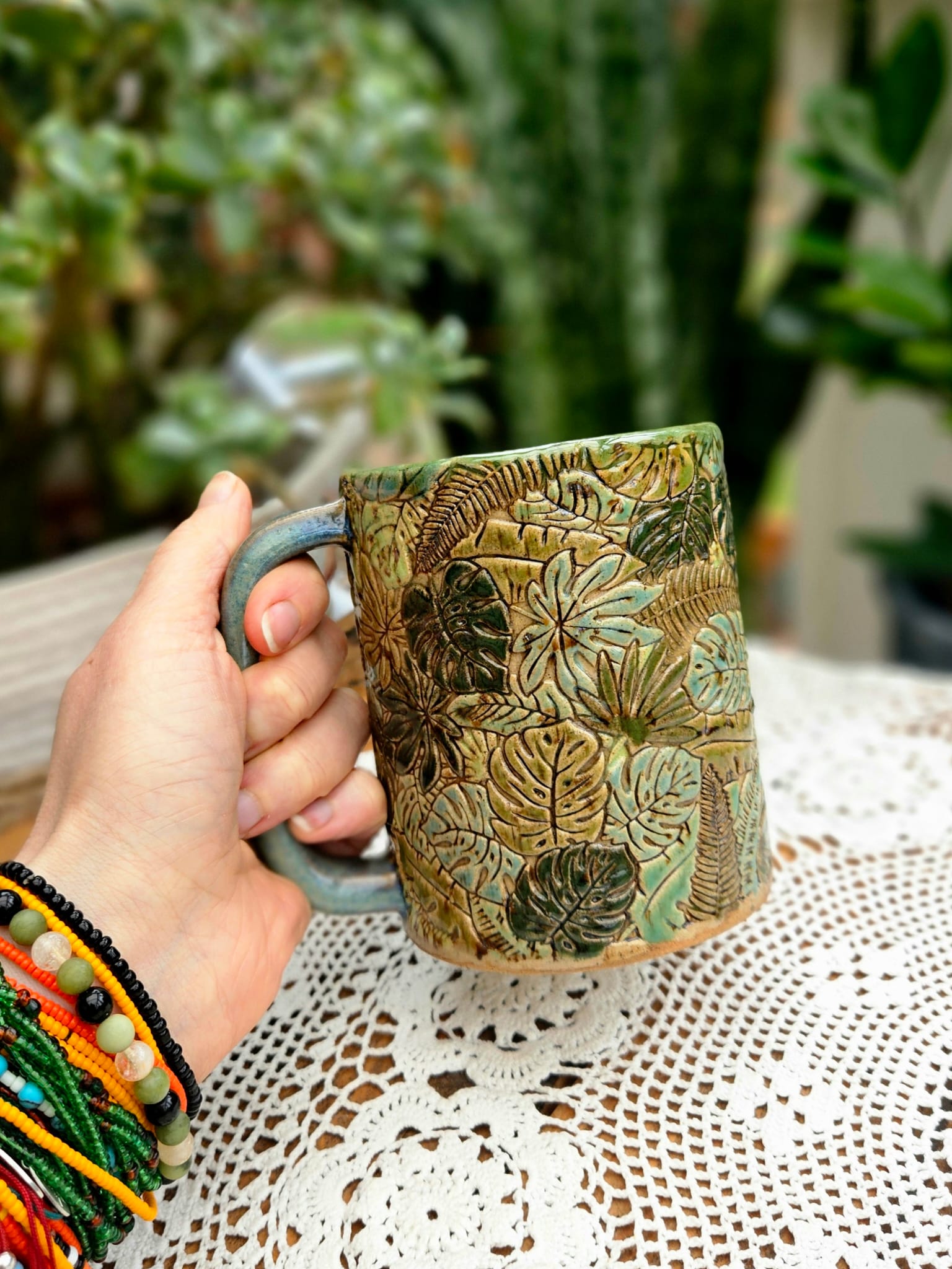 Hand-Painted Green Ceramic Mug – Tropical Leaves thumbnail 2