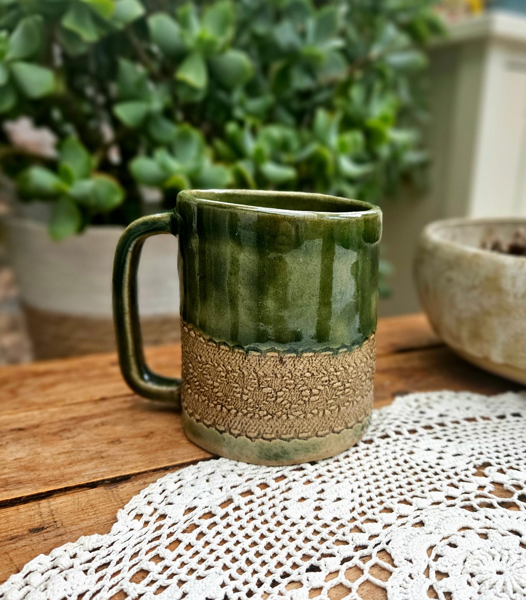 Green Mug with Crochet Motif ceramic piece