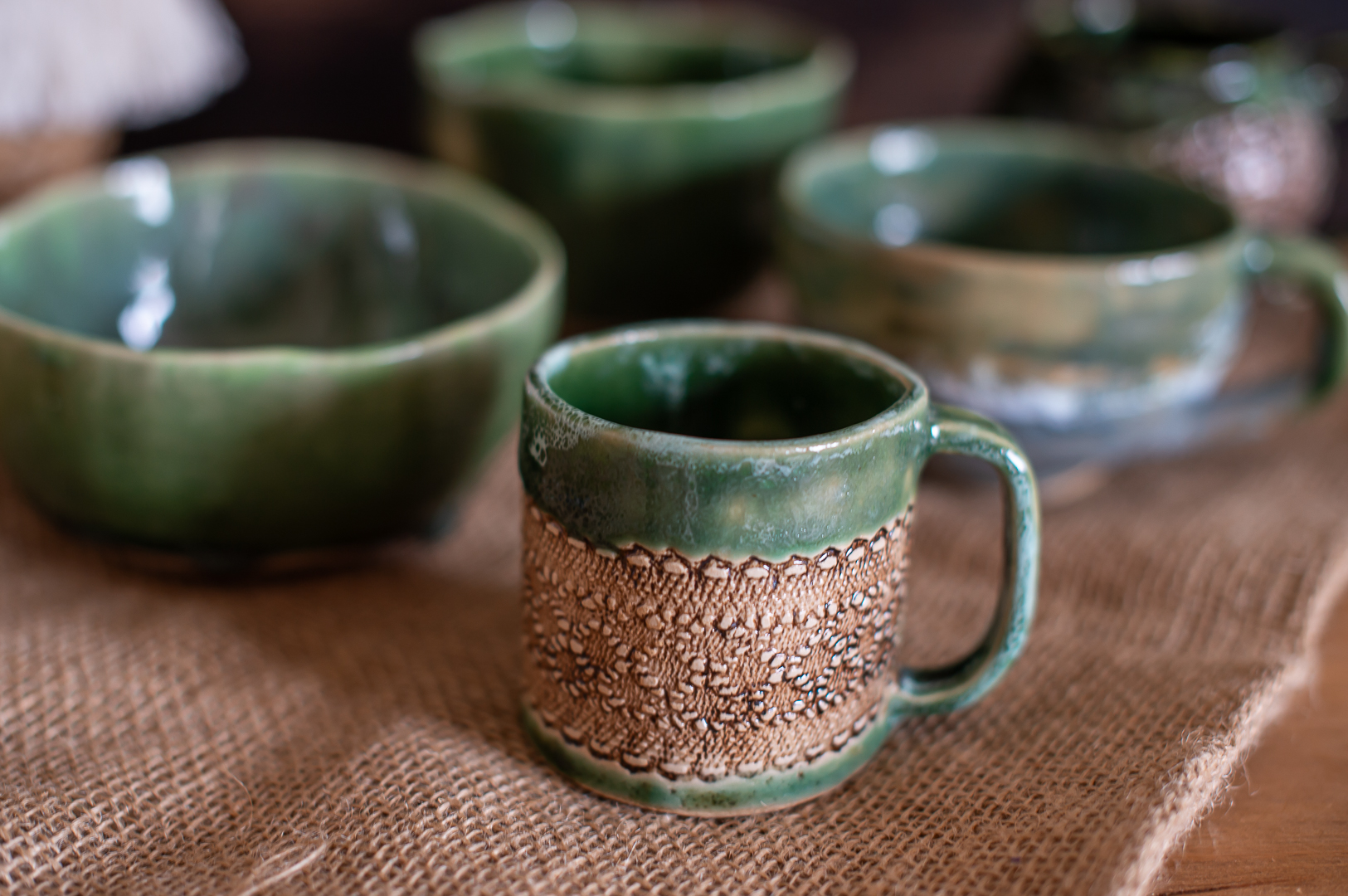 Sage Lace Mug with Matching Bowls — Studio Scene ceramic piece