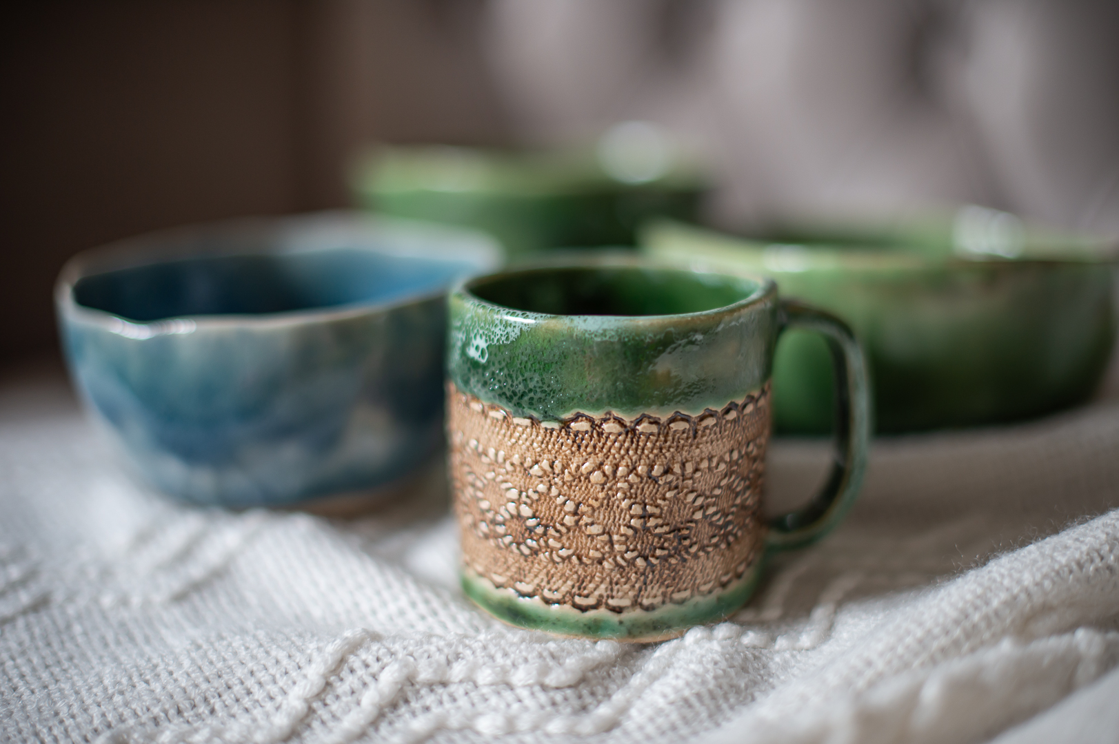 Sage Lace Mug — Cozy Scene ceramic piece