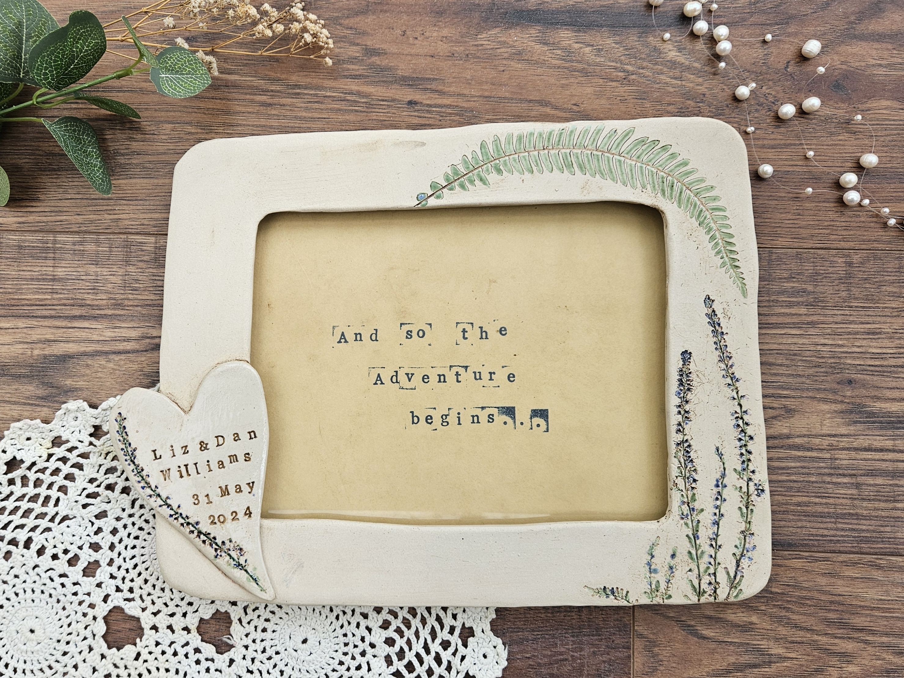 Adventure Begins Wedding Frame ceramic piece